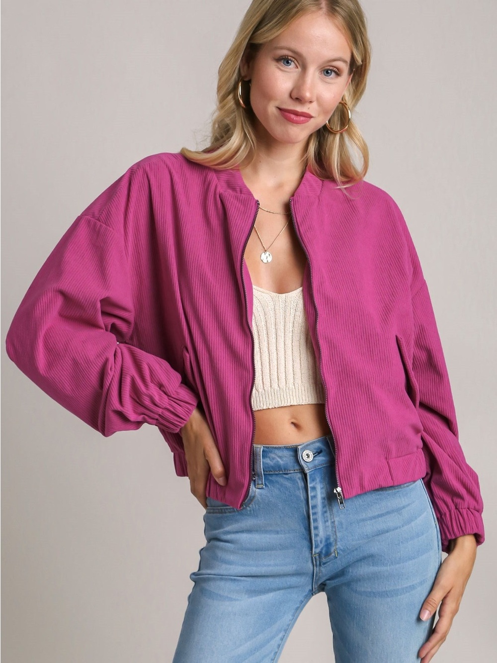 Umgee Fuchsia Cropped Bomber Jacket